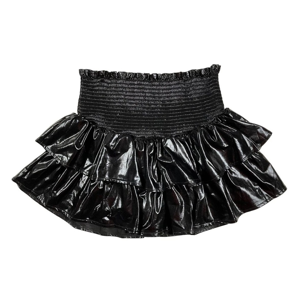 Queen of Sparkles Black Shiny Tiered Ruffle Smocked Skort Womens Medium M